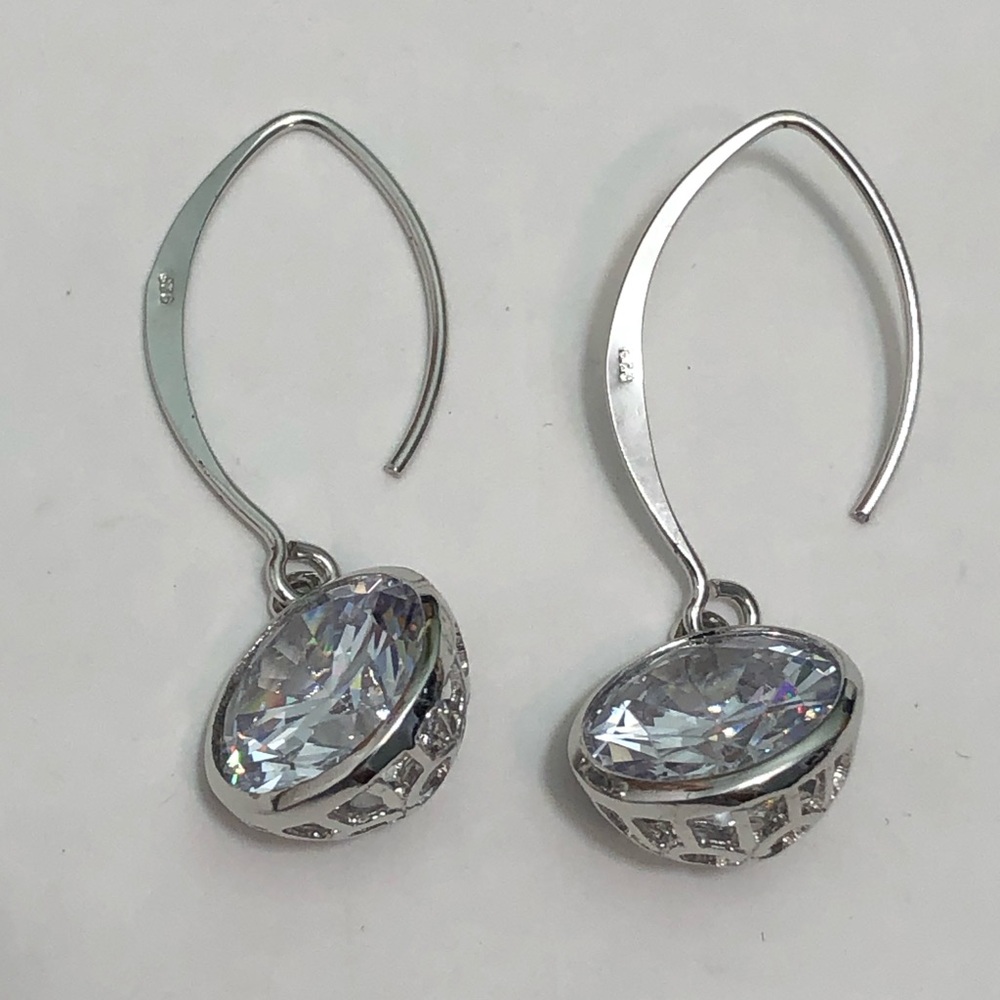 925 Silver Dangle Earrings- White Large Stone